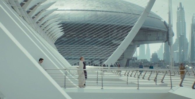Shot of Andor season 2 episode 4 showing a very modern white, spiky, bridge-like structure on a wide open plaza inside a futuristic city. People are walking in the distance.
That scene was definitely shot at the "Museo de las Ciencias Príncipe Felipe" in Valencia, Spain. The background has been replaced with a matte painting of a futuristic dome and skyscrapers.
