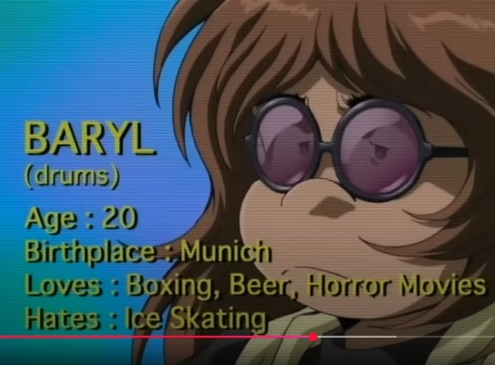 Still frame from Daft Punk's music video for Crescendolls. It shows the face of a man in the style of Japanese anime. He has rather long brown hair and purple round glasses. Information about him is shown: his name is Baryl (drums), age 20, born in Munich. Loves: boxing, beer and horror movies. Hates: ice skating.