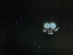 A space ship from the anime series Macross is firing dozens of missiles towards the camera, each leaving a white trail of smoke behind. Initially it looks more like flare and chaff that fighter jets are ejecting to avoid missiles but here the effect is an artistic chaos of trajectories and explosions as the missile trails twist and zig-zag across a starry sky towards their targets.