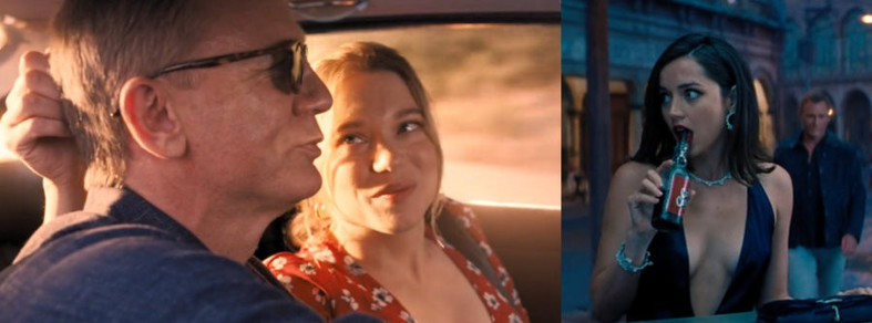 Two still frames from James Bond. Daniel Craig (53) driving in a car while a 30-something woman next to him looks at him romantically. The other photo shows actress Ana de Armas wearing an evening gown as small as a handkerchief, drinking from a bottle in a seductive way. Craig approaches from behind. He was 54 and she was 33 at the time of shooting the movie.