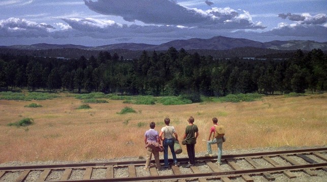 4 boys are overlooking an expansive landscape with a yellow field, a dense forest and a mountain range in the distance. There are dramatic clouds in the sky. It is a somewhat obvious matte painting but the scene looks epic.